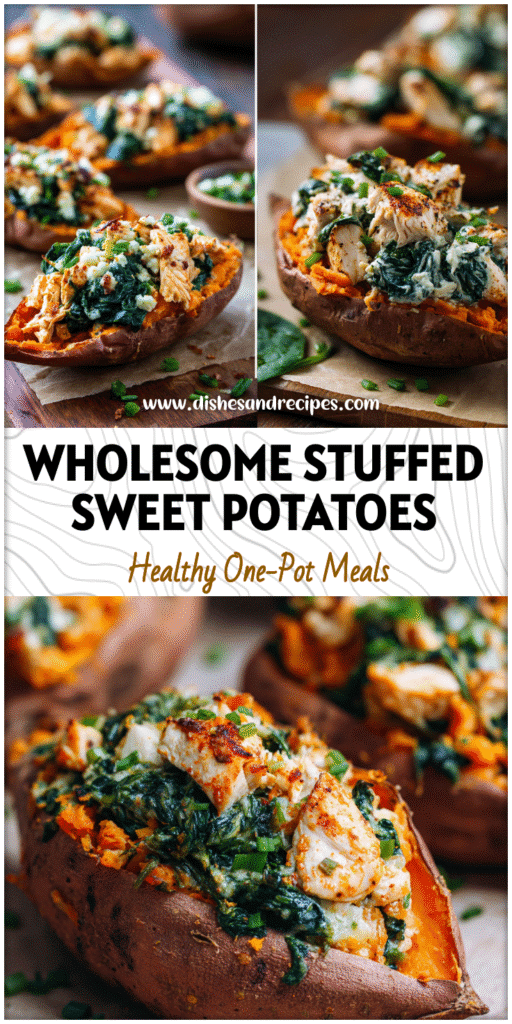 Baked sweet potatoes stuffed with juicy chicken and fresh spinach, a colorful Spinach Sweet Potato Recipe.